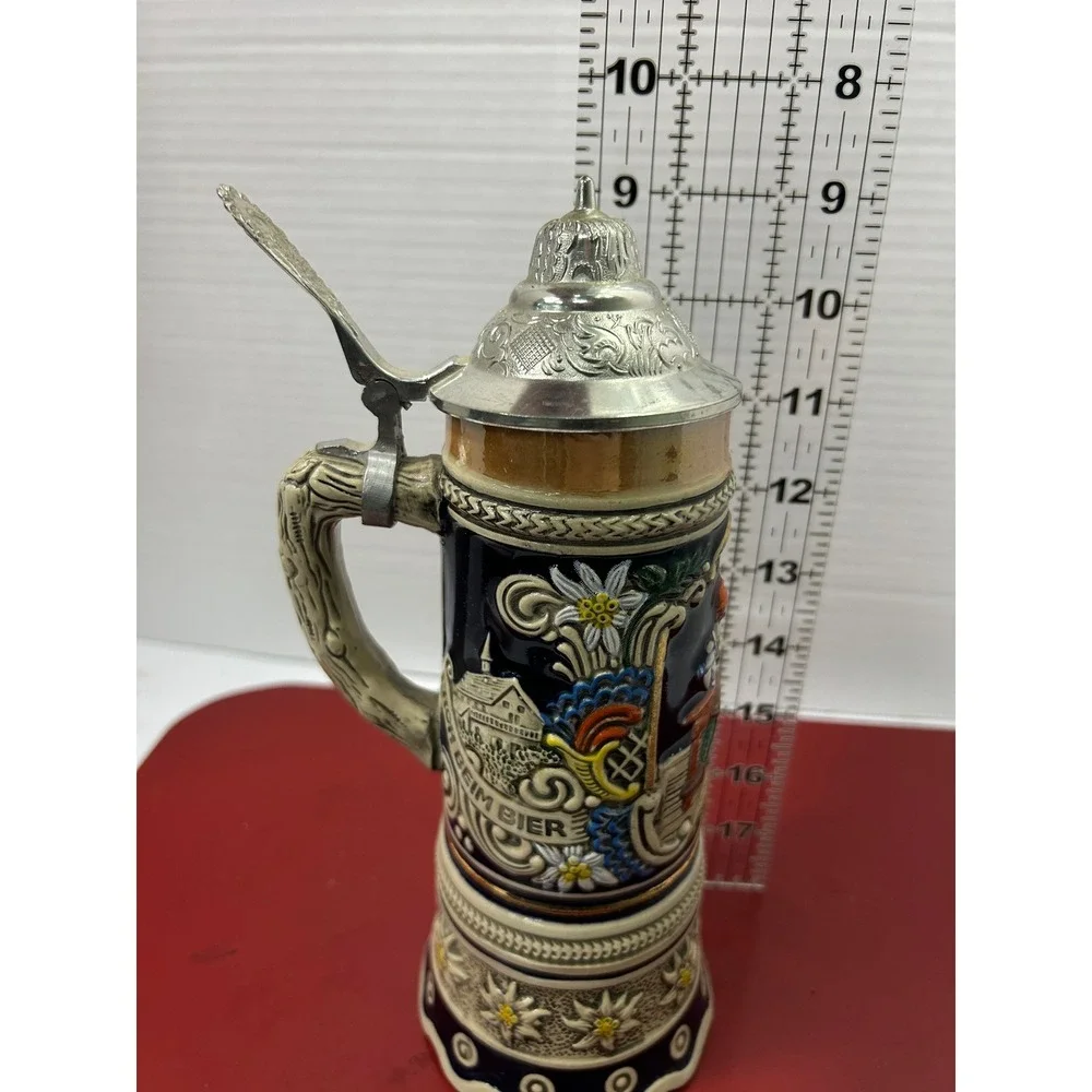 MAPSA Musical Tavern Relief Beer Stein Cobalt Blue Swiss Movement Bavarian